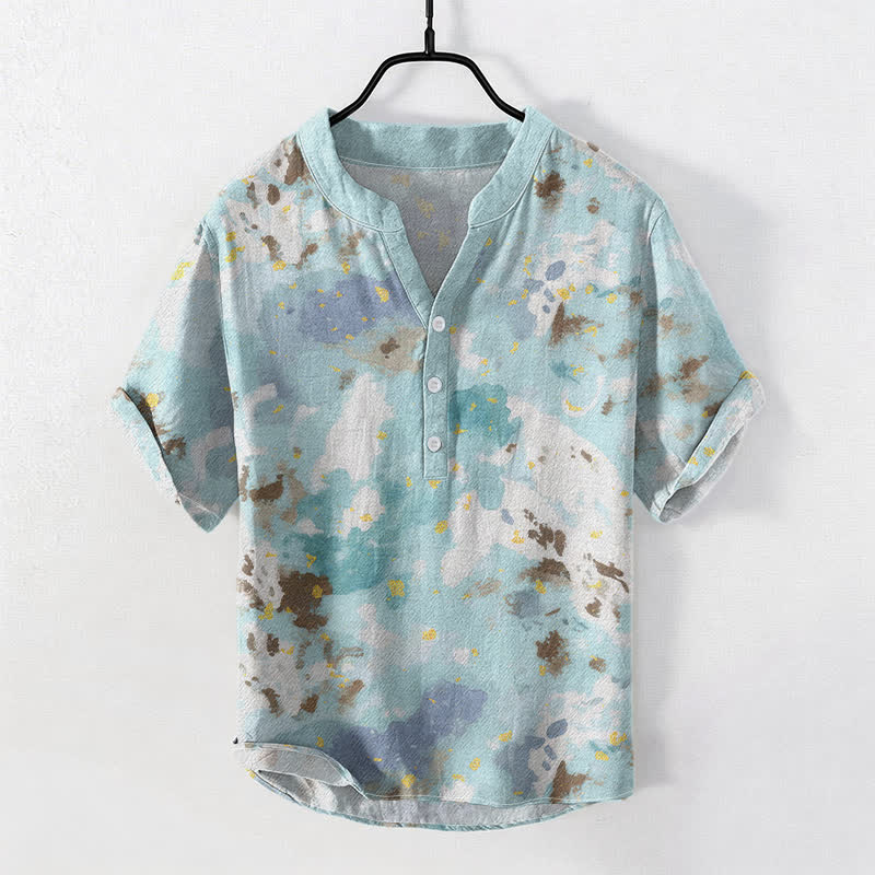 Buddha Stones Cotton Watercolor Splash Men's Short Sleeve Half Button Shirt