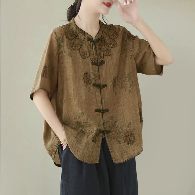 Buddha Stones Purple Flower Print Frog-Button Design Shirt