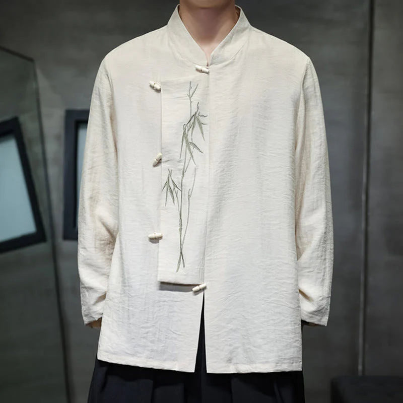 Buddha Stones Fall Solid Color Bamboo Leaf Embroidery Men's Long Sleeve Cotton Linen Shirt
