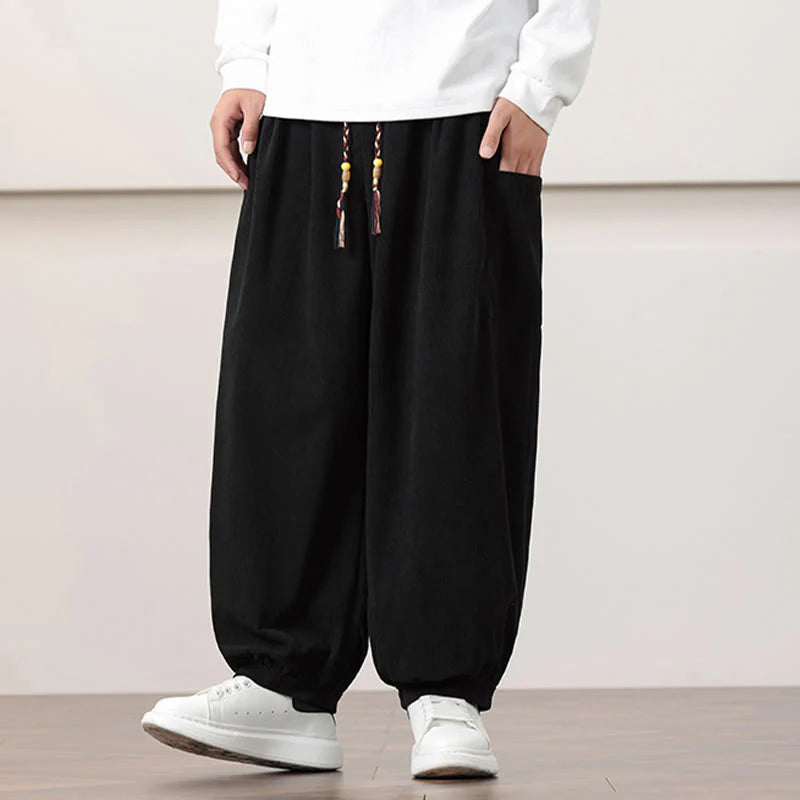 Buddha Stones Solid Color Corduroy Drawstring Men's Harem Pants With Pockets
