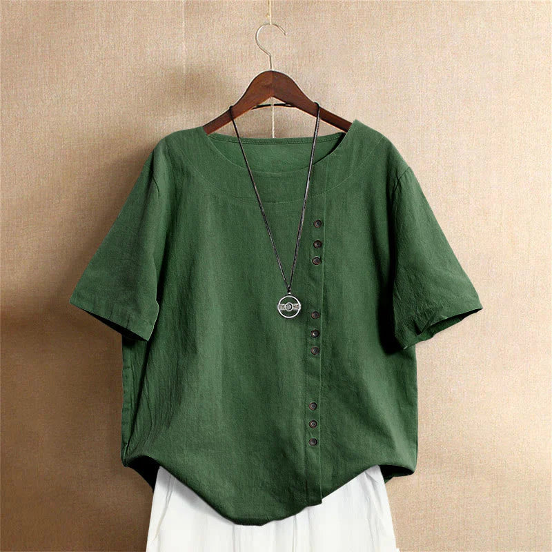 Buddha Stones Casual Summer Pure Color Jacquard Button Crew Neck Cotton Women's Short Sleeve T-Shirt