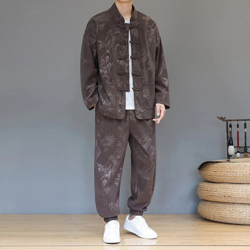 Buddha Stones 2Pcs Fall Winter Men's Tang Suit Dragon Frog-Button Cotton Corduroy Long Sleeve Jacket Pants Set With Pockets