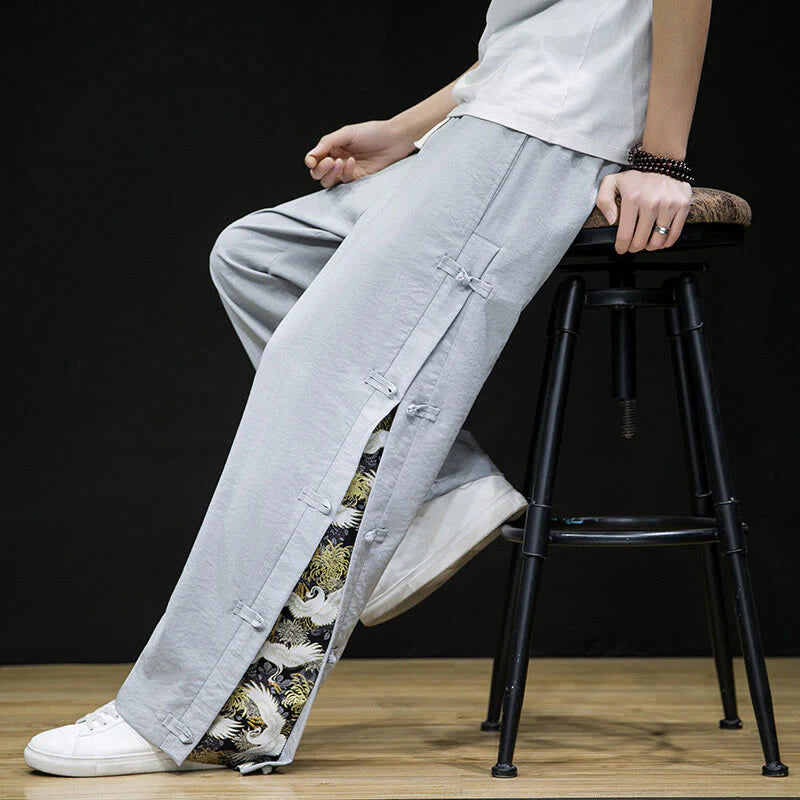 Buddha Stones Casual Patchwork Crane Pattern Frog-Button Design Men's Wide Leg Pants With Pockets