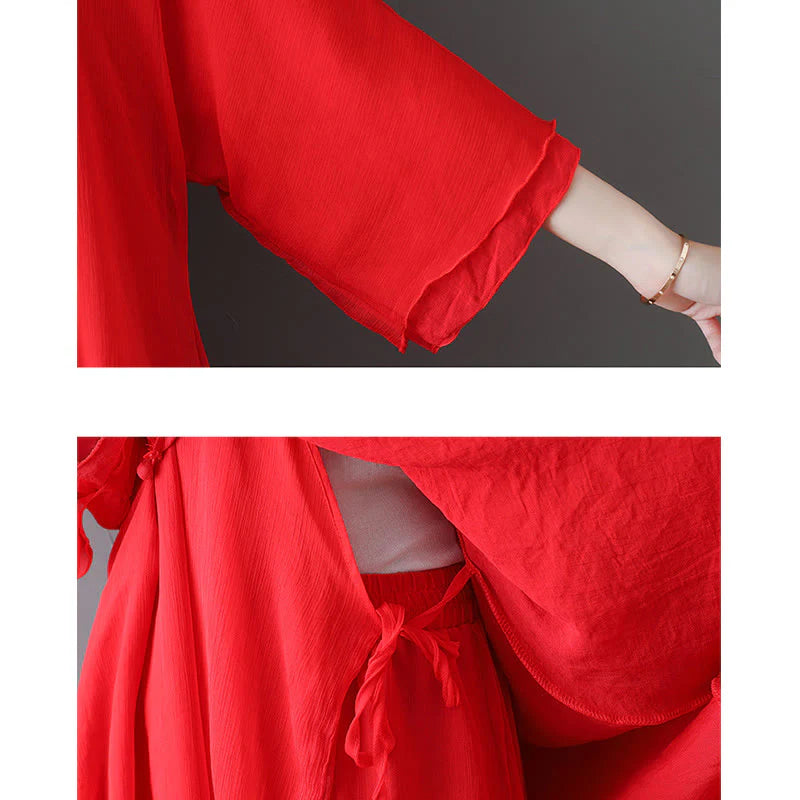 Buddha Stones V-Neck Midi Tunic Dress Wide Leg Pants Meditation Zen Practice Dance Clothing