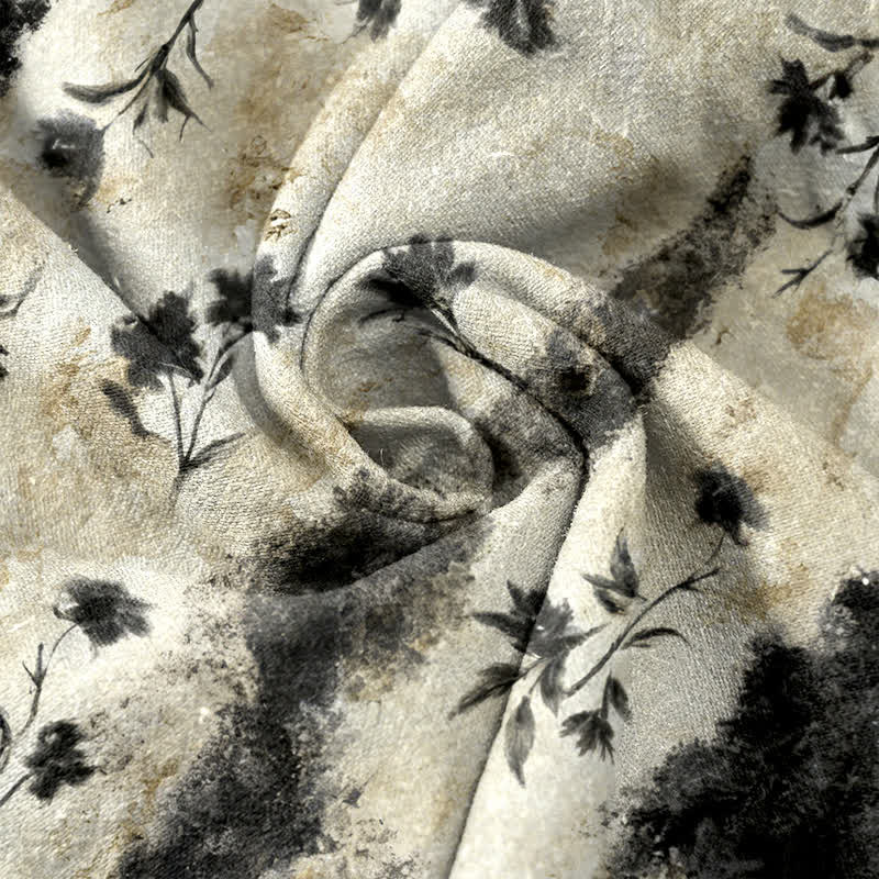 Buddha Stones Ink Wash Painting Floral Elastic Drawstring Women's Pure Cotton Pants With Pockets