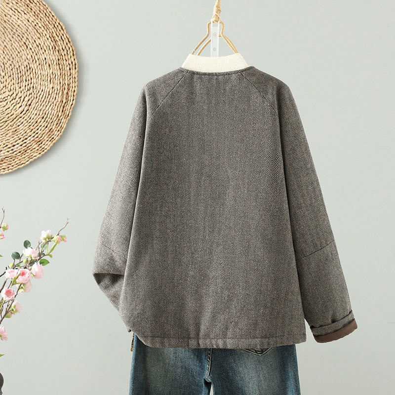 Buddha Stones Women's Brown Buttons Design Long Sleeve Thermal Jacket With Pockets