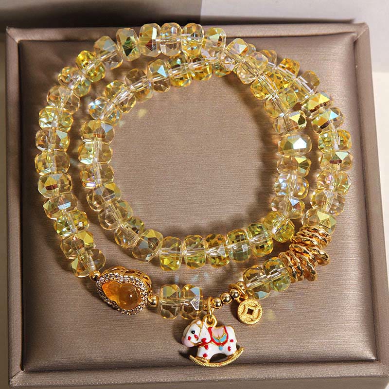 Buddha Stones Chinese Zodiac Year Of The Horse Crystal Glass Copper Coin Gourd Double Wrap Bracelet