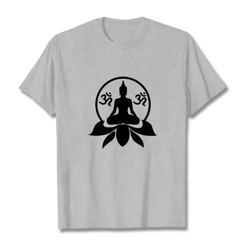 Buddha Stones OM Symbol Sanskrit Mantras Buddha Seated On Lotus Flower Design Tee T-shirt