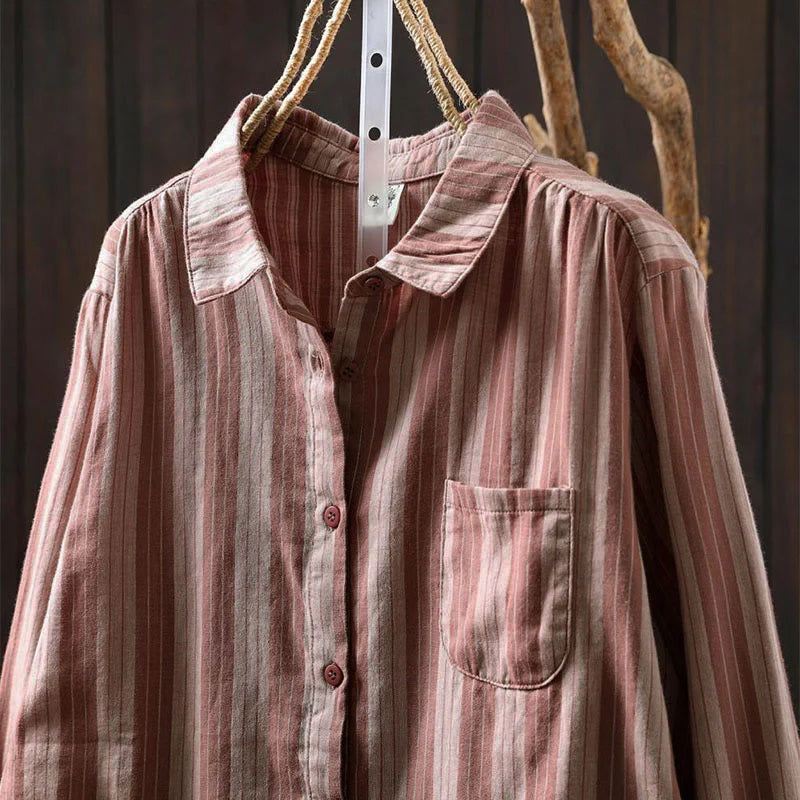 Buddha Stones Fall Vertical Stripes Button Down Stand Collar Long Sleeve Women's Cotton Shirt