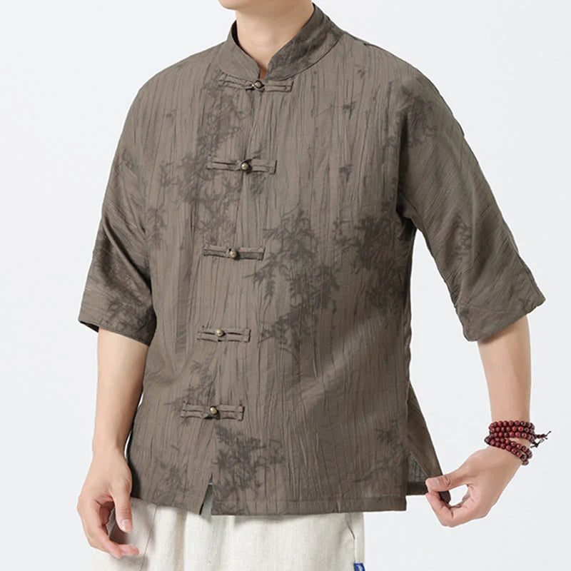 Buddha Stones Summer Pine Needles Pattern Short Sleeve Frog-Button Design Men's Shirt