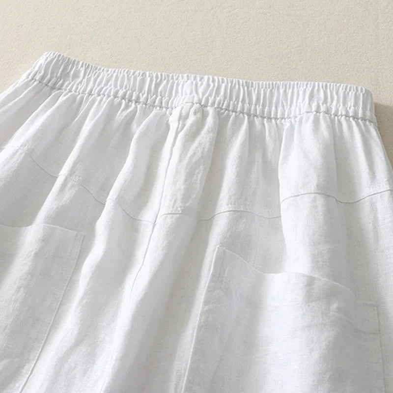 Buddha Stones Summer Daily Solid Color Elastic Waistband Design Women's Wide Leg Cotton Linen Pants With Pockets