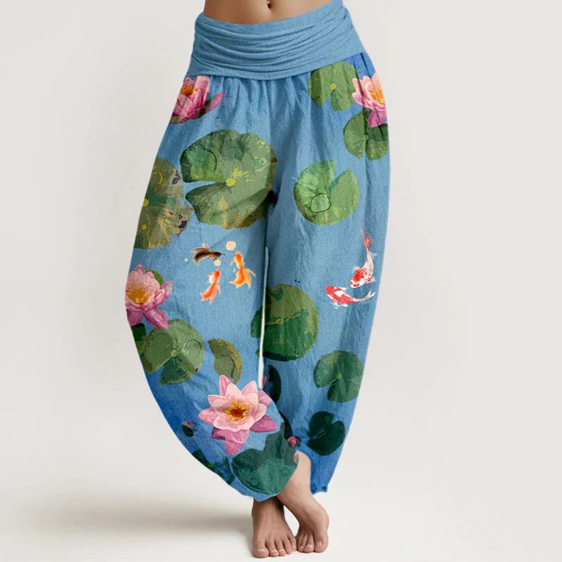 Buddha Stones Print Koi Fish Lotus Flowers Pattern Women's Elastic Waist Harem Pure Cotton Pants