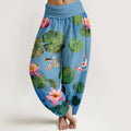 Buddha Stones Print Koi Fish Lotus Flowers Pattern Women's Elastic Waist Harem Pure Cotton Pants