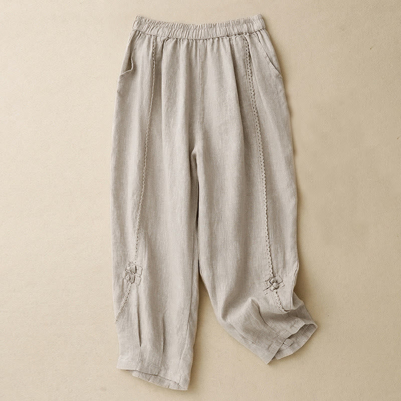 Buddha Stones Summer Frog-Button Lace High Waist Women's Cotton Linen Pants With Pockets