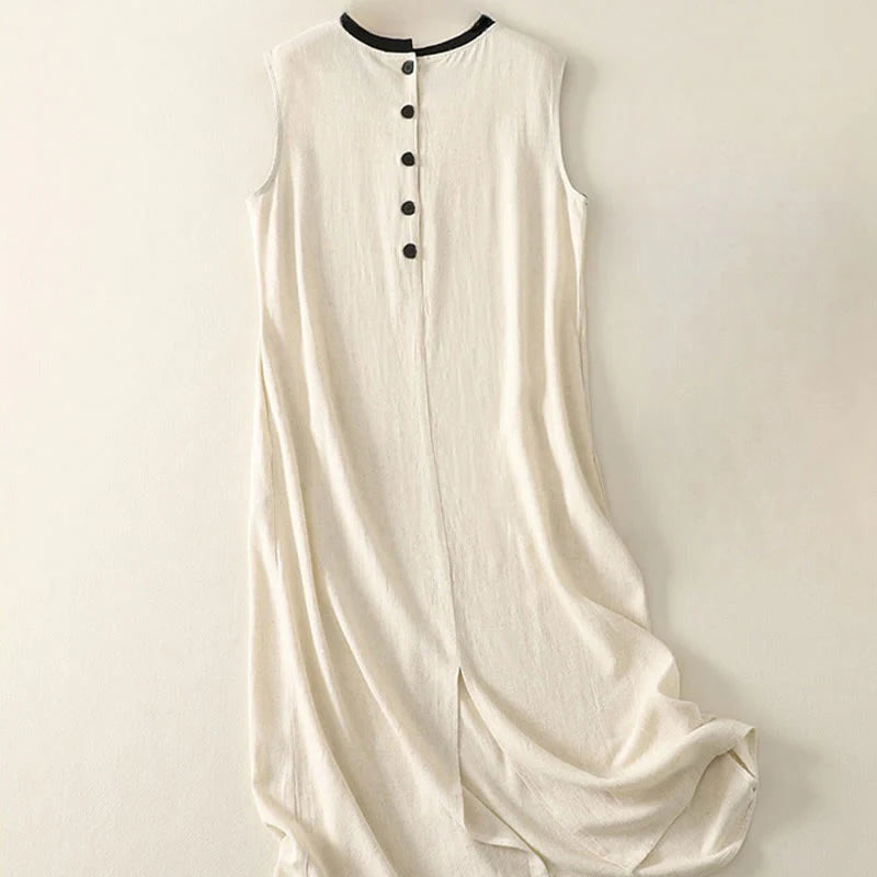 Buddha Stones Casual Stitching Color Handmade Button Design Midi Dress Polyester Sleeveless Dress With Pockets