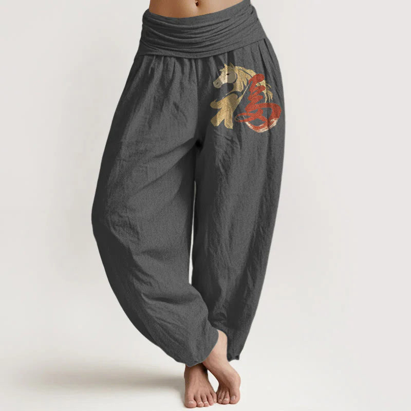 Buddha Stones Pure Cotton Year Of The Horse Fu Character Pattern Women's Elastic Waist Harem Pants