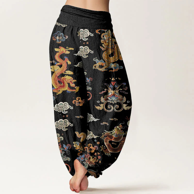 Buddha Stones Cotton Golden Dragons Auspicious Clouds Design Women's Elastic Waist Harem Pants