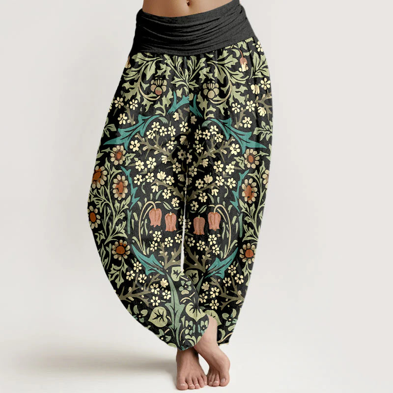 Buddha Stones Pure Cotton Retro Flowers Leaves Pattern Women's Elastic Waist Harem Pants