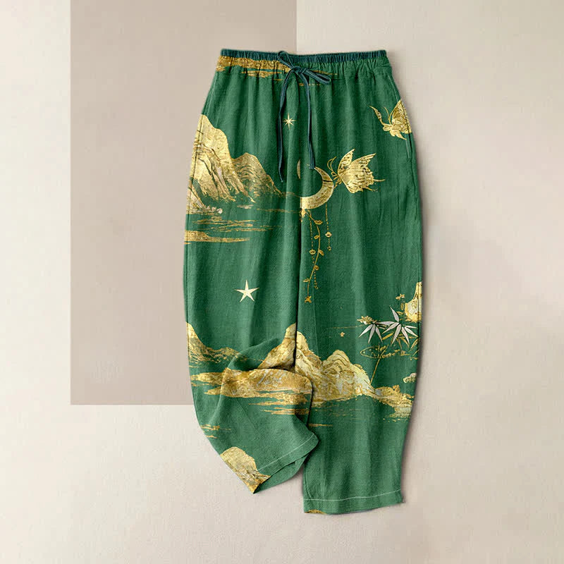 Buddha Stones Cotton Mountain Moon Butterfly Pattern Elastic Waist Women's Pants With Pockets