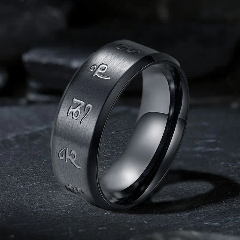 Buddha Stones Black Jambhala Mantra Titanium Steel Balance Ring