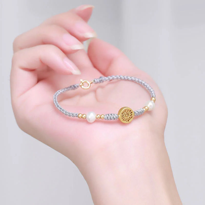Buddha Stones Copper Coin Fortune Tree Pearl Luck Blue Rope Braided Bracelet