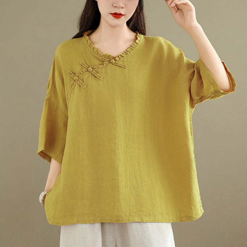 Buddha Stones Spring V-Neck Frog-Button Long Sleeve Plain Women's Cotton Shirt