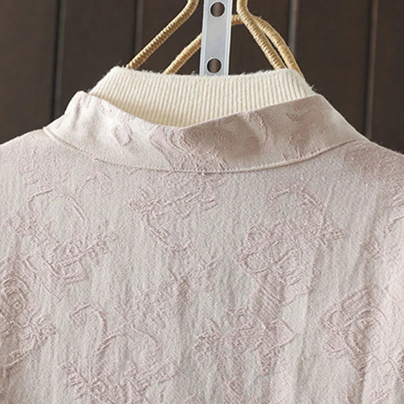 Buddha Stones Casual Women's Flower Pattern Long Sleeve Stand Collar Cotton Shirt