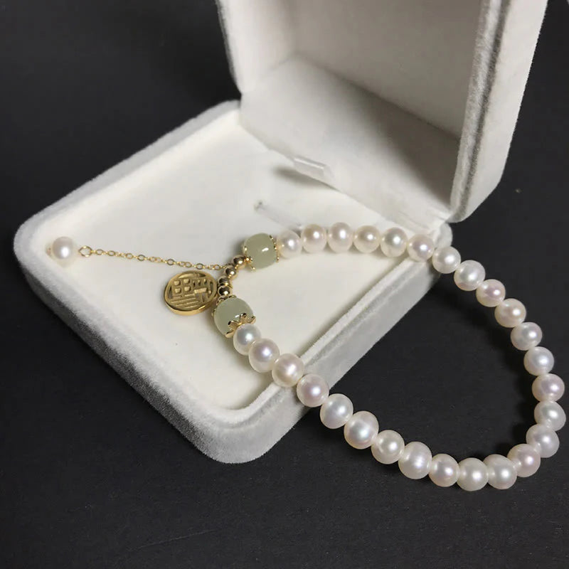 Buddha Stones Natural Pearl Hetian Jade Happiness Wisdom Bead Bracelet