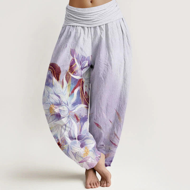 Buddha Stones Cotton Epiphyllum Flowers Design Women's Elastic Waist Harem Pants