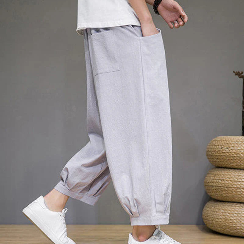 Buddha Stones Casual Plain Men's Cotton 7-8 Length Harem Pants With Pockets