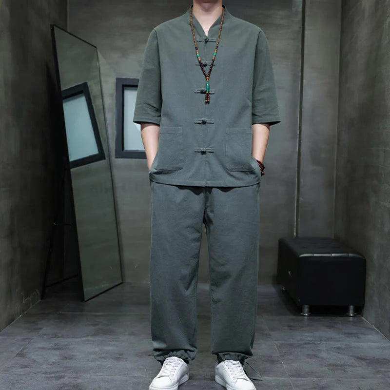 Buddha Stones 2Pcs Tang Suit Frog-Button Design Shirt Pants With Pockets Men's Cotton Linen Meditation Cloth Set