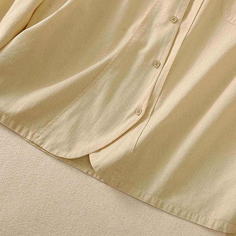 Buddha Stones Spring Lapel Long Sleeve Plain Women's Cotton Buttons Shirt With Pockets