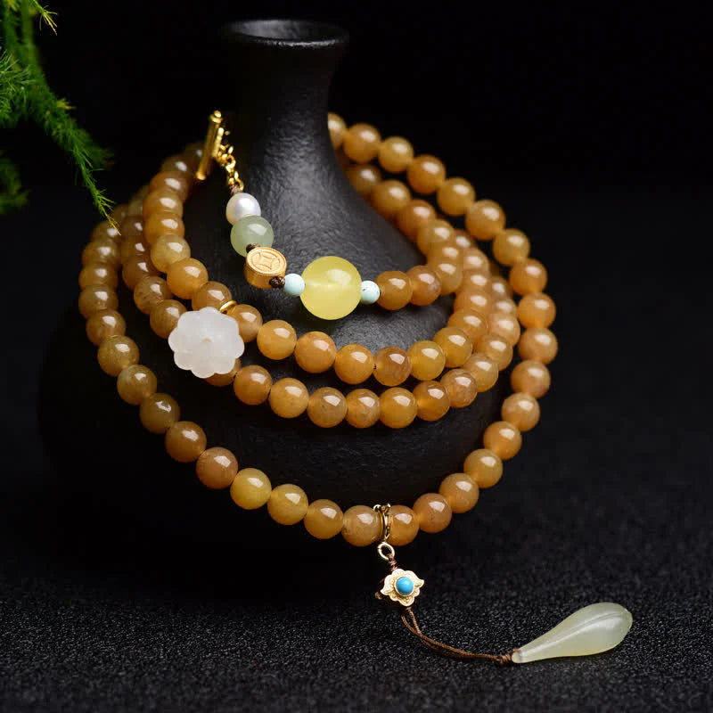 Buddha Stones Natural Hetian Topaz Amber Lotus White Jade Pearl Success Bracelet
