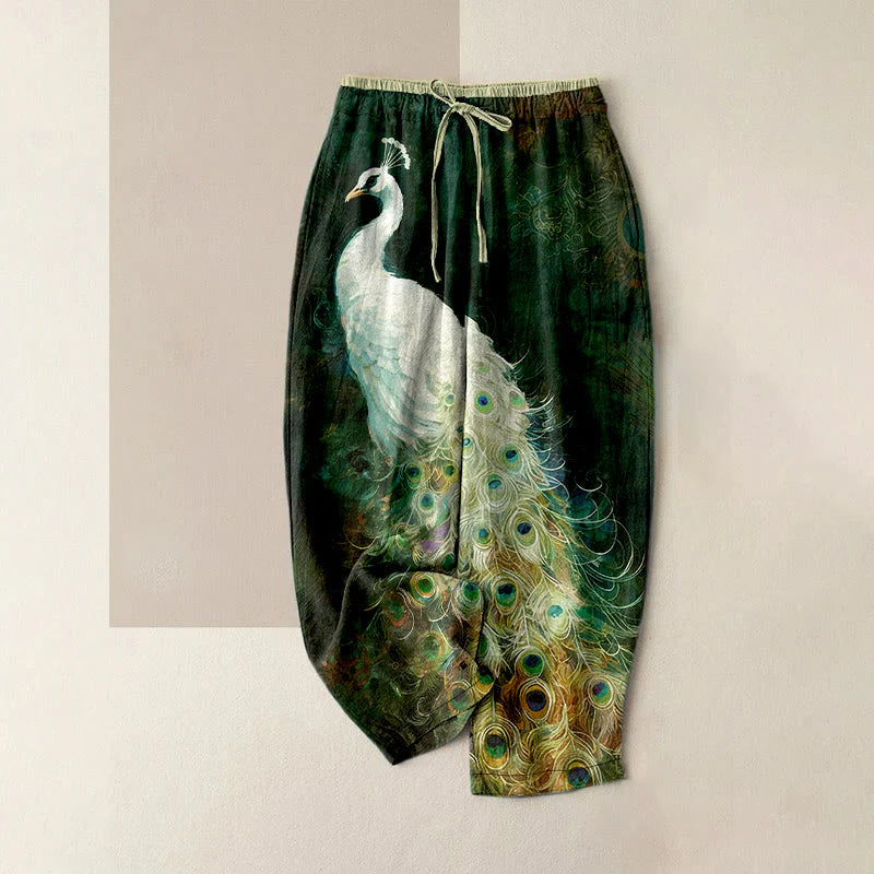 Buddha Stones Cotton Casual Gorgeous Peacock Pattern Women's Elastic Waist Pants With Pockets