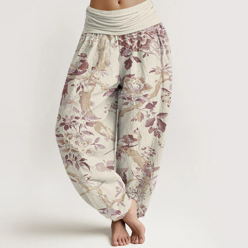Buddha Stones Cotton Birds Branches Flowers Pattern Women's Elastic Waist Harem Pants