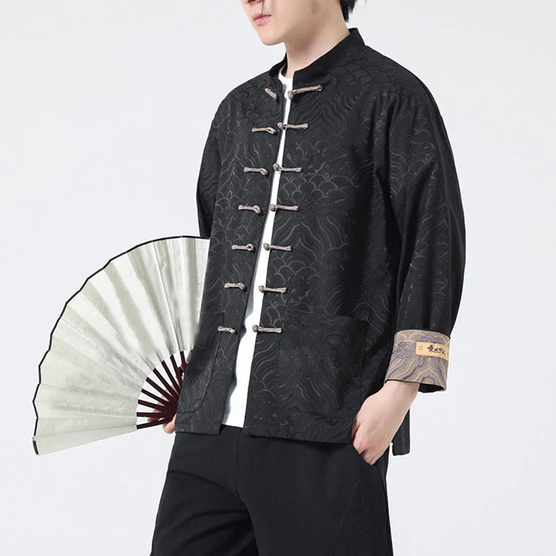 Buddha Stones Frog-Button Mountain Wave Pattern Long Sleeve Men's Cotton Jacket With Pockets
