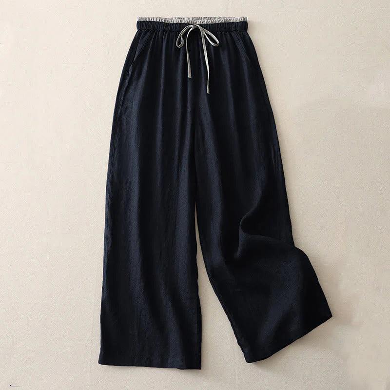 Buddha Stones Casual Colorblock Drawstring Women's Cotton Wide Leg Pants With Pockets