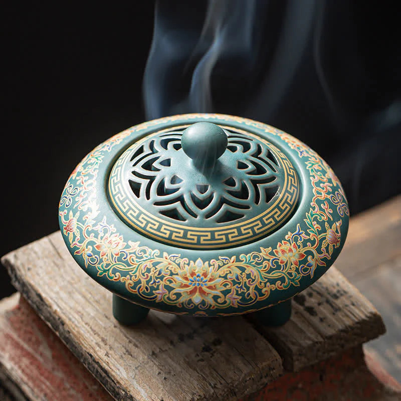 Buddha Stones Tibetan Floral Pattern Ceramic Blessing Incense Burner Decoration (Extra 35% Off | USE CODE: FS35)