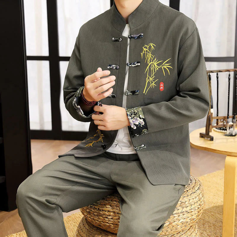 Buddha Stones 2Pcs Tang Suit Bamboo Frog-Button Men's Long Sleeve Shirt Pants Clothing Set
