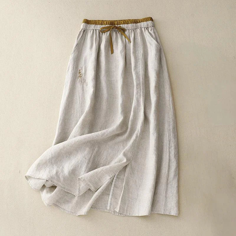 Buddha Stones Vintage Solid Embroidery Drawstring Women's Skirt With Pockets