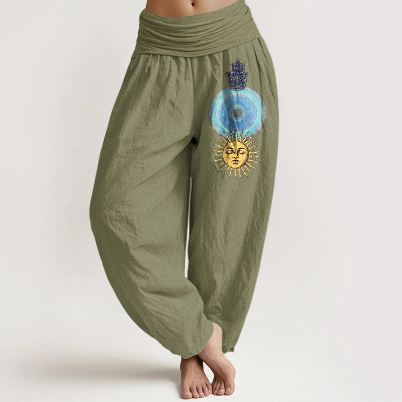 Buddha Stones Pure Cotton Minimalist Style Hamsa's Hand Sun Pattern Women's Elastic Waist Harem Pants