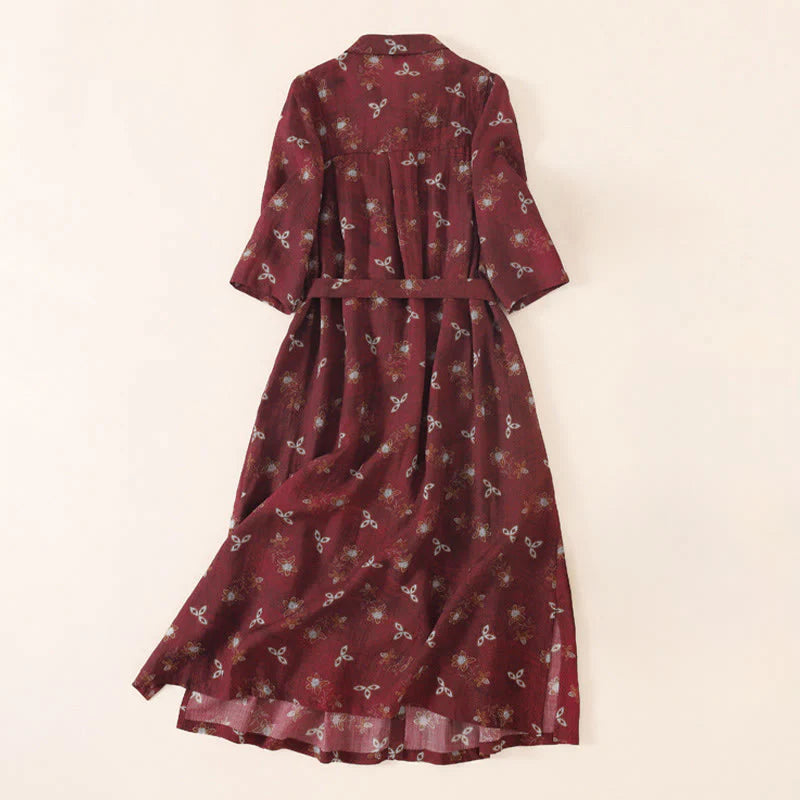 Buddha Stones Summer Printing Floral Button Lace-Up Design Half Sleeve Midi Dress With Pockets
