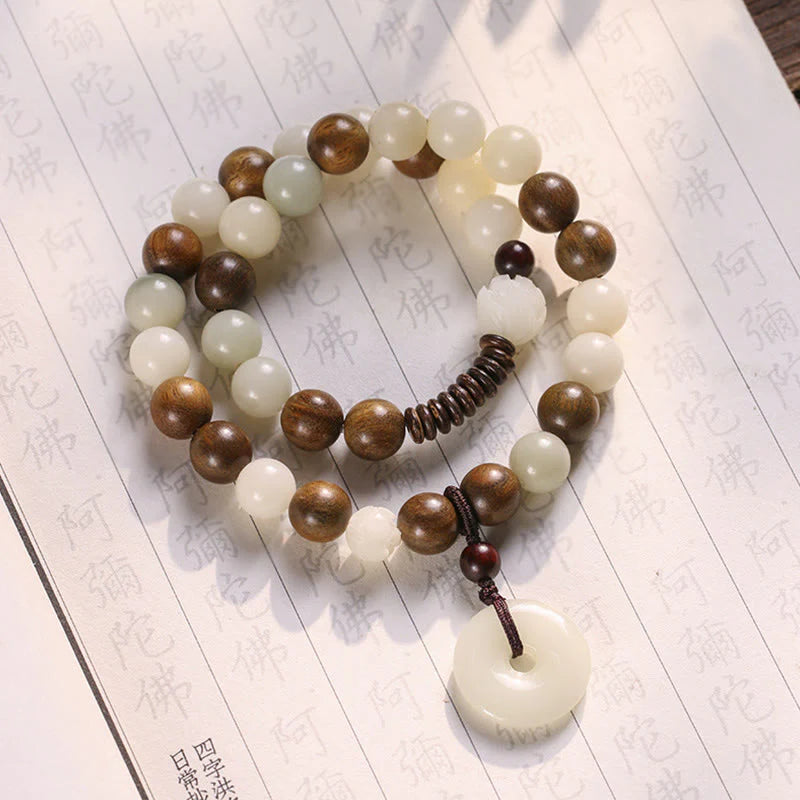 Buddha Stones Bodhi Seed Green Sandalwood Lotus Peace Buckle Harmony Double Wrap Bracelet