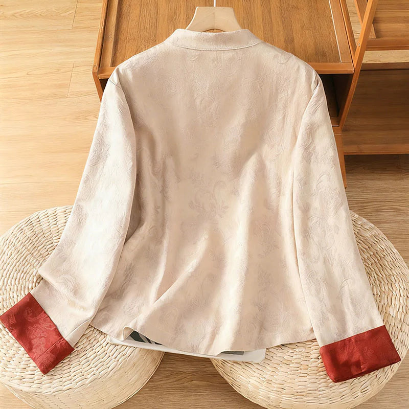 Buddha Stones Fall Jacquard Floral Print Frog-Button Stand Collar Long Sleeve Women's Cotton Shirt