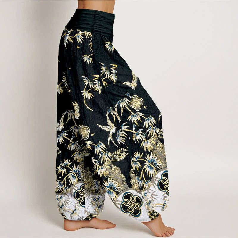 Buddha Stones Bird Bamboo Pattern Cotton Women's Harem High Elastic Waist Pants