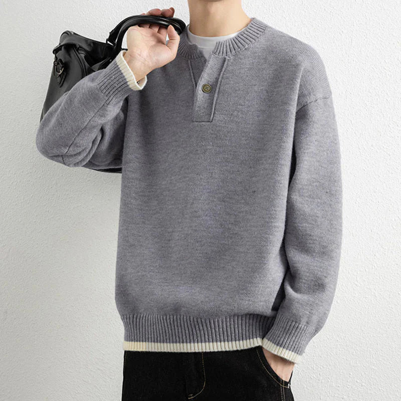 Buddha Stones Winter V-Neck One Button Design Warm Men's Long Sleeve Knitted Sweater