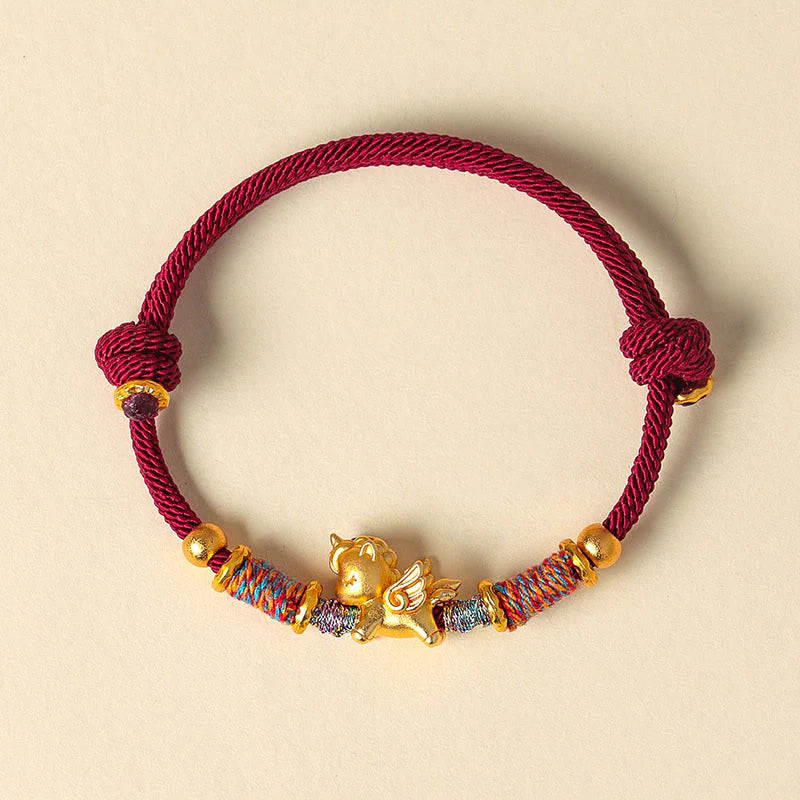 Buddha Stones Year of the Horse 999 Sterling Silver Plated Gold Braided String Rope Protection Bracelet
