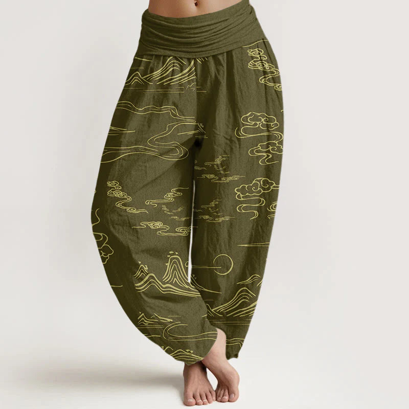 Buddha Stones Cotton Mountain Moon Auspicious Clouds Pattern Women's Elastic Waist Harem Pants