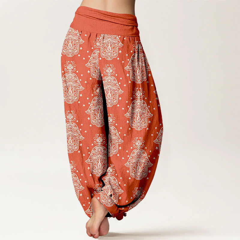 Buddha Stones Cotton Neatly Arranged Hamsa's Hand Pattern Women's Elastic Waist Harem Pants