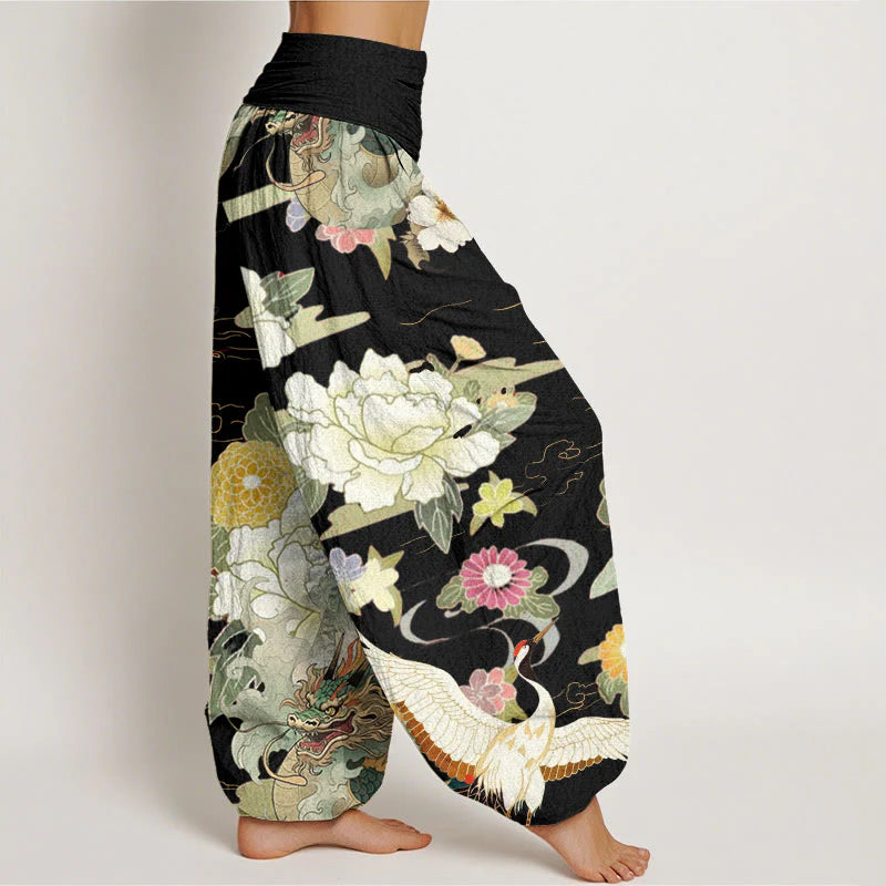 Buddha Stones Cotton Casual Dragon Red-crowned Crane Peony Flower Pattern Women's Elastic Waist Harem Pants